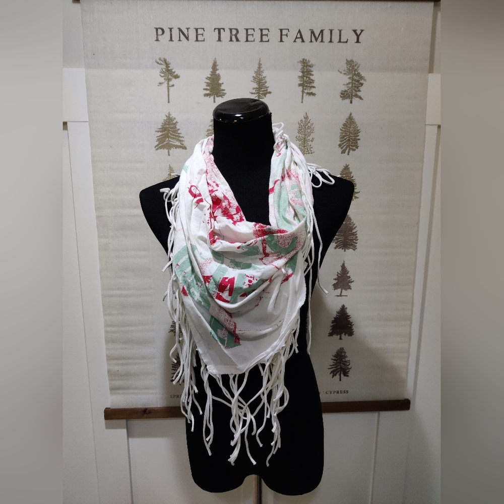 DIESEL Typography Print Fringe Triangle Scarf - Cotton Y2K Grunge Red & Green